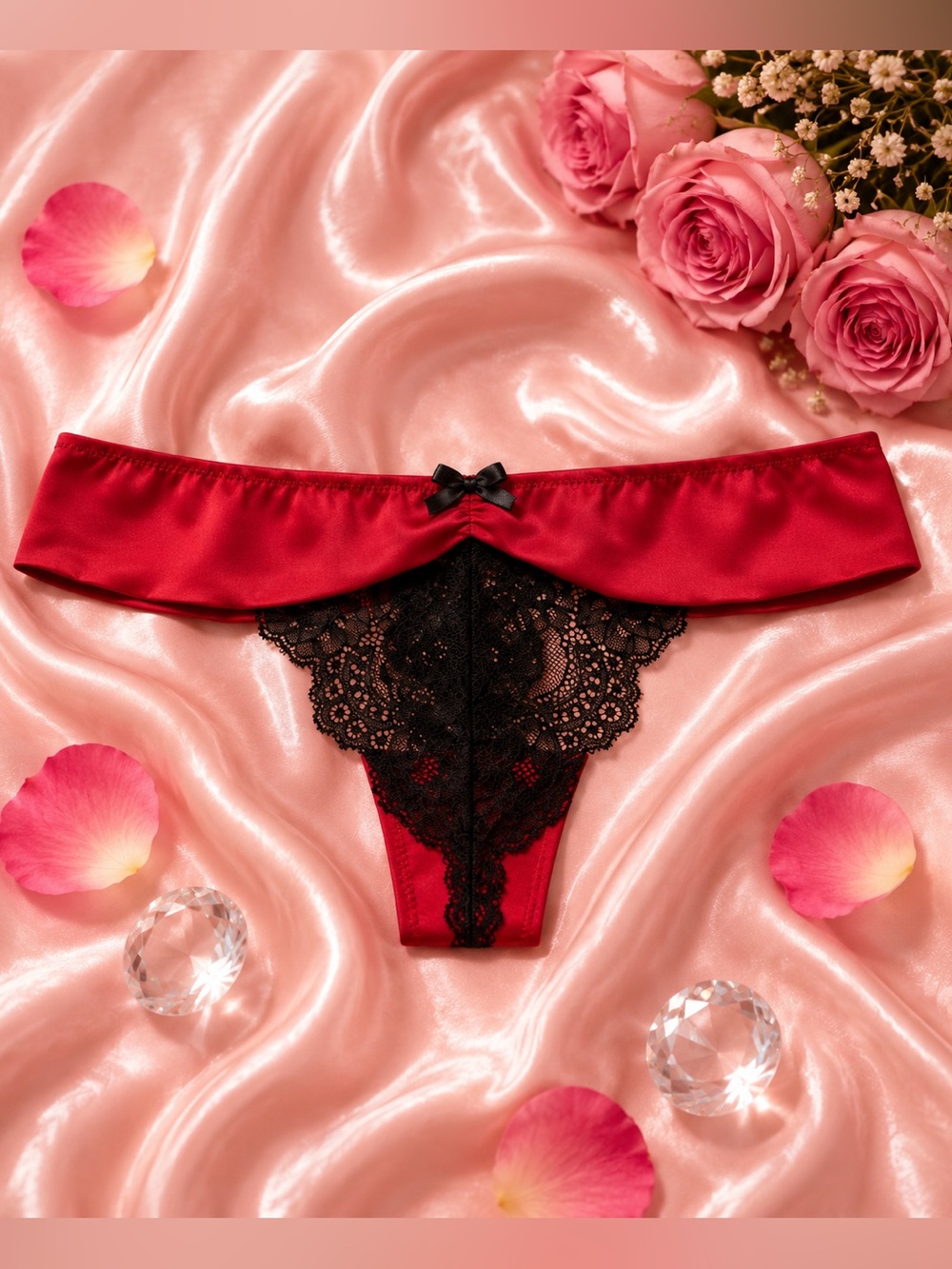 Adore Me Red Satin & Black Lace Mesh Thong Panty